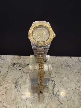 Iced Out Gold and Silver Crystal Pave Bracelet And Watch Set